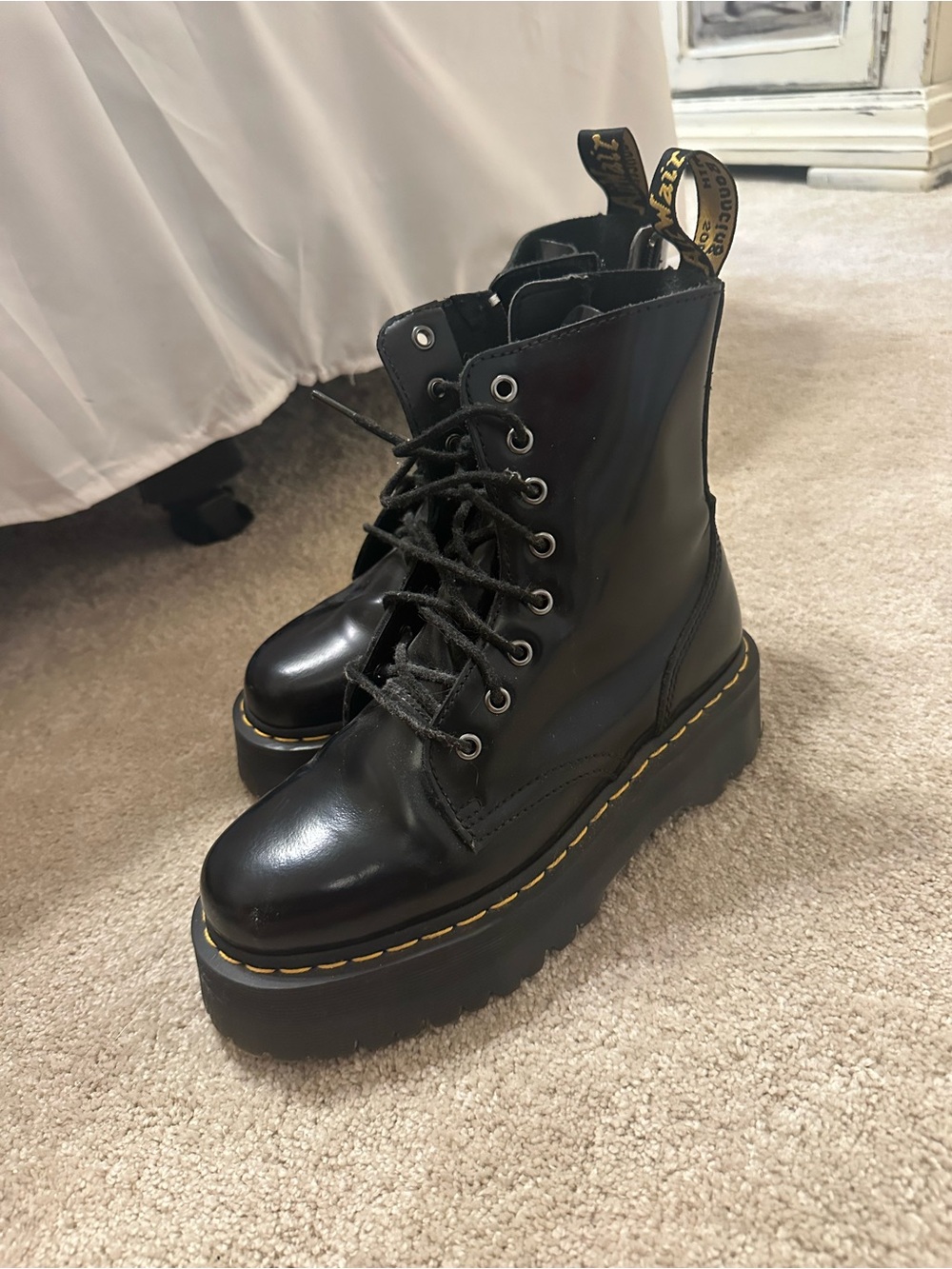 Dr. Martens Black Leather Platform Combat Boots with Yellow Stitching - Picture 2 of 4